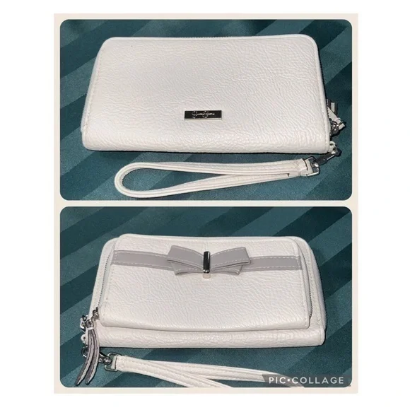 Jessica Simpson Taupe Bow Back Zip Wallet Wristlet 8” X 4.5” X 1” NWOT - Picture 1 of 16